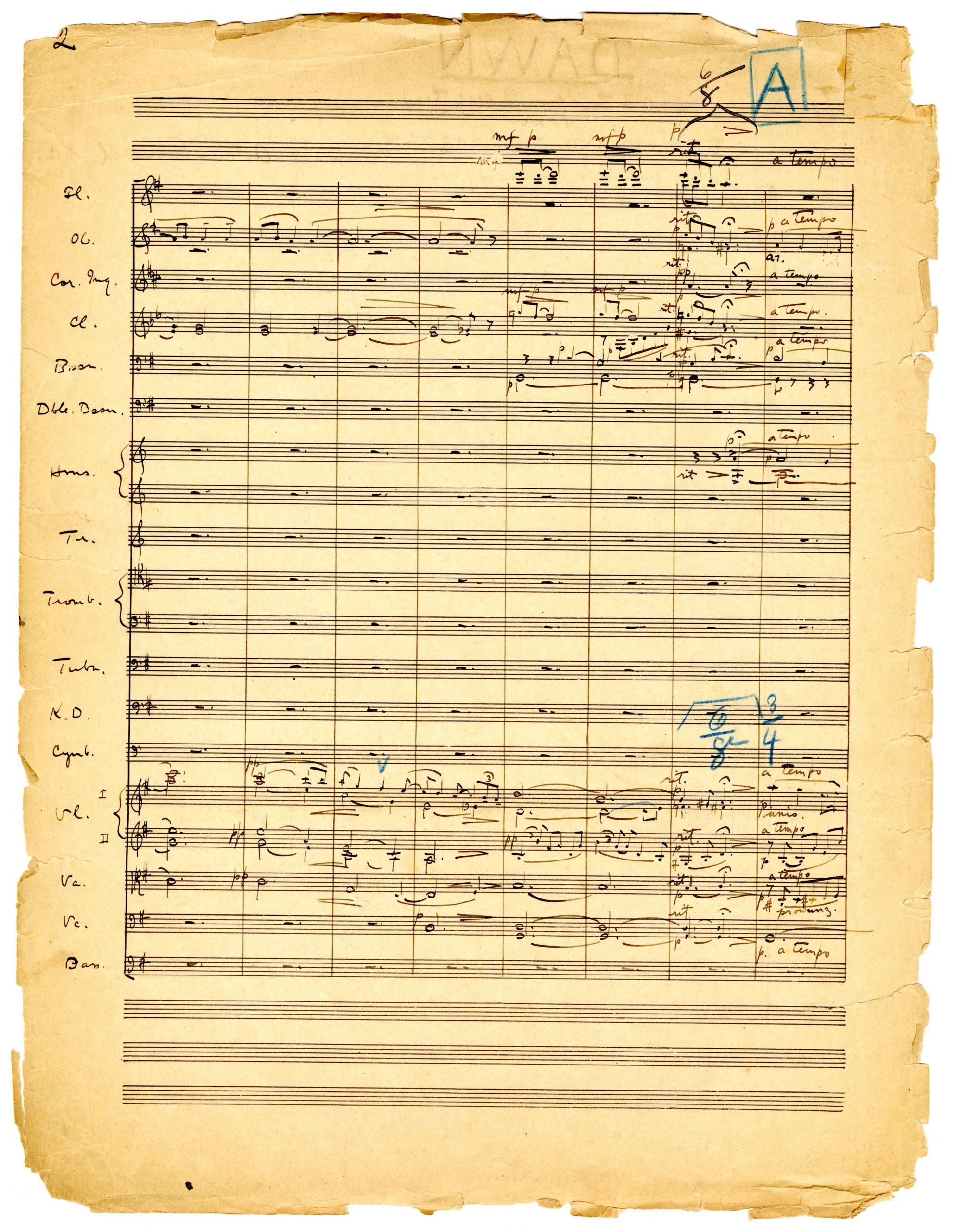 Dawn, orchestral score in ink, page 2.